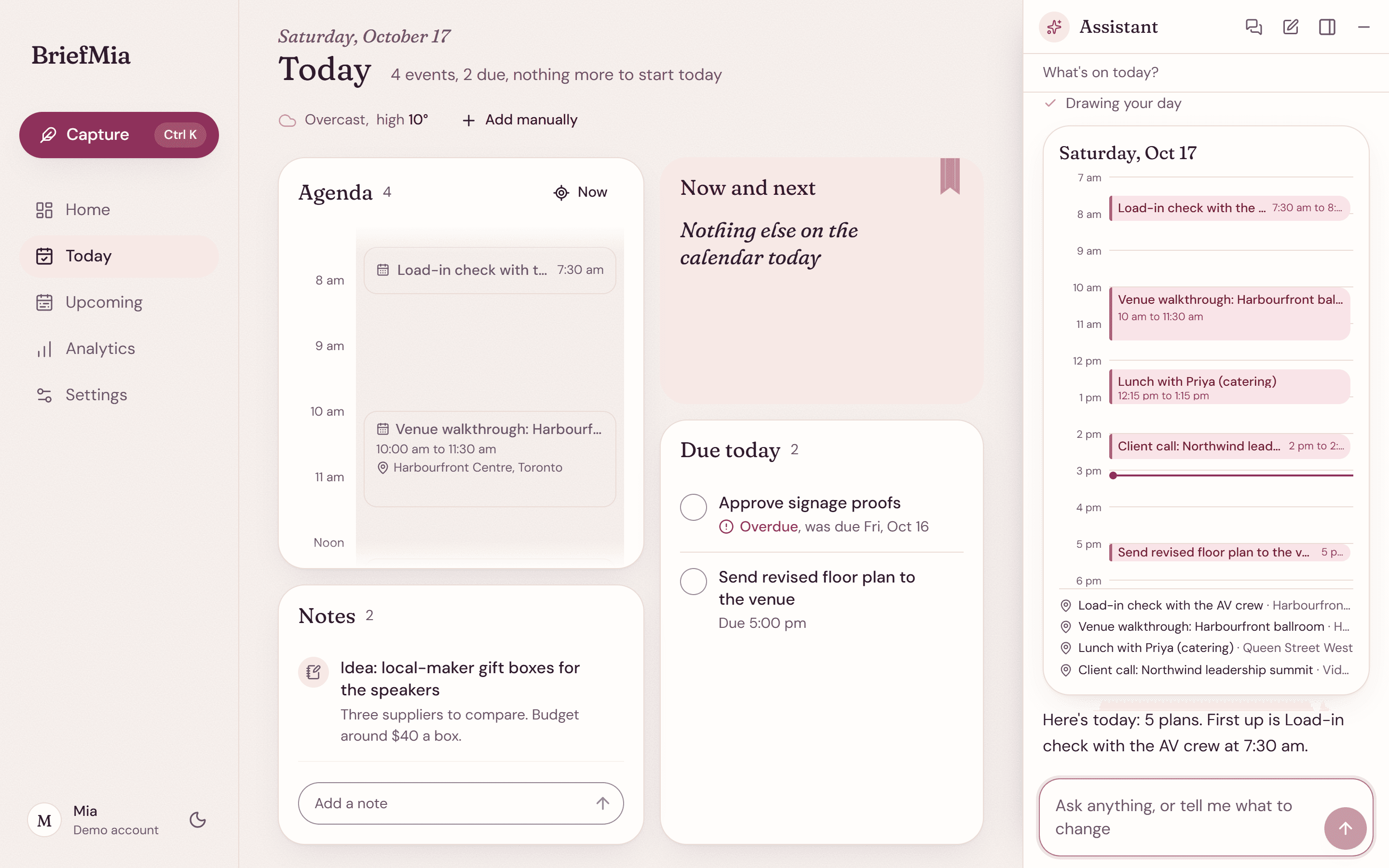 The assistant docked beside the page, answering what is on today with a small day calendar.