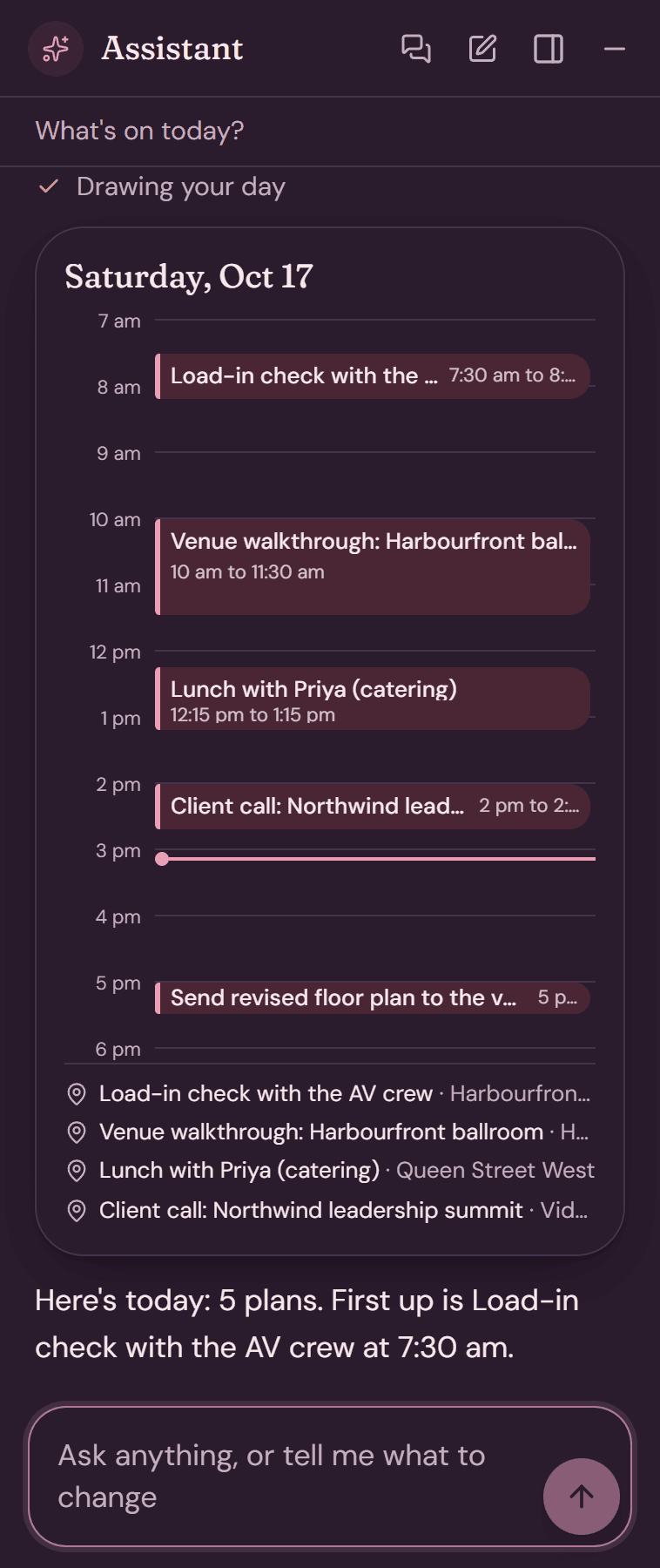 The assistant answering what is on today with a small day calendar of five plans.