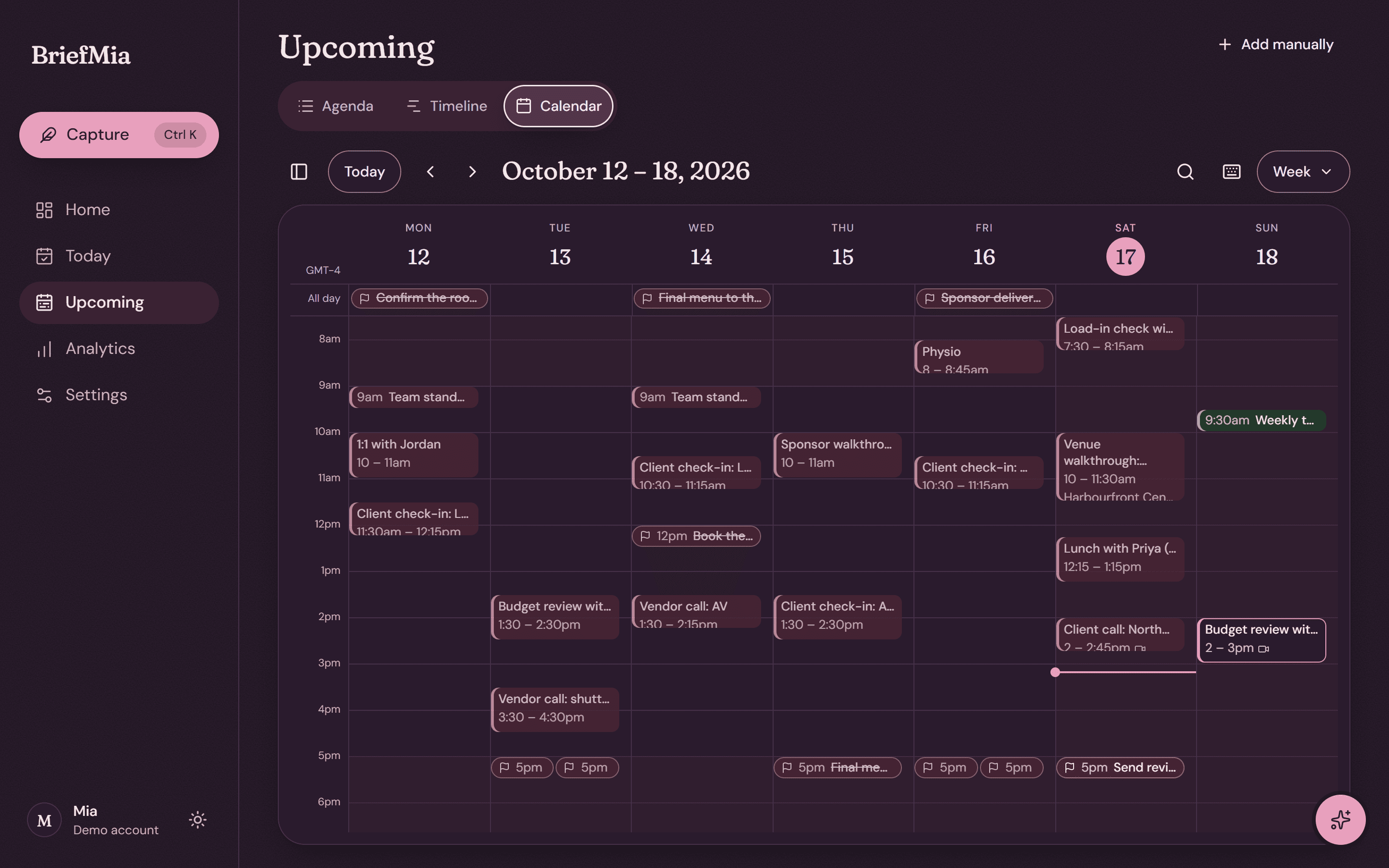The week view of the calendar, with colour-coded plans from several calendars.