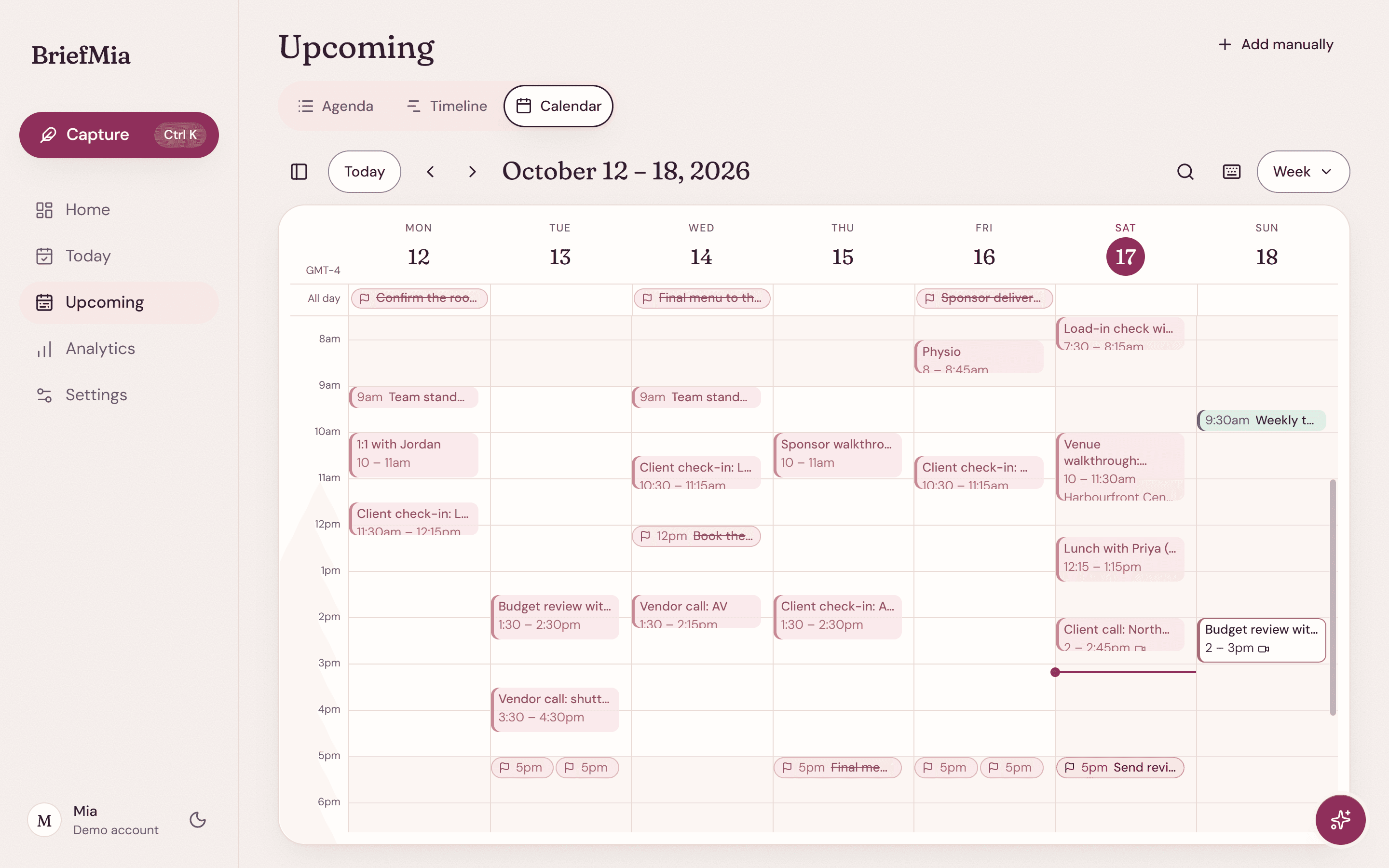 The week view of the calendar, with colour-coded plans from several calendars.