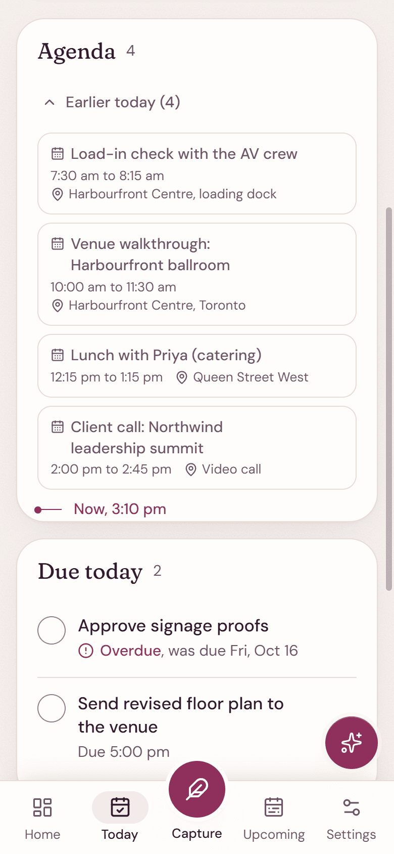 Today on a phone: the agenda and what is due, with the tab bar and capture button.